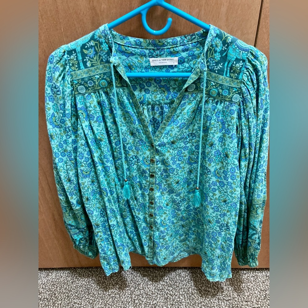 Spell Turquoise Floral Peasant Blouse - Picture 8 of 16